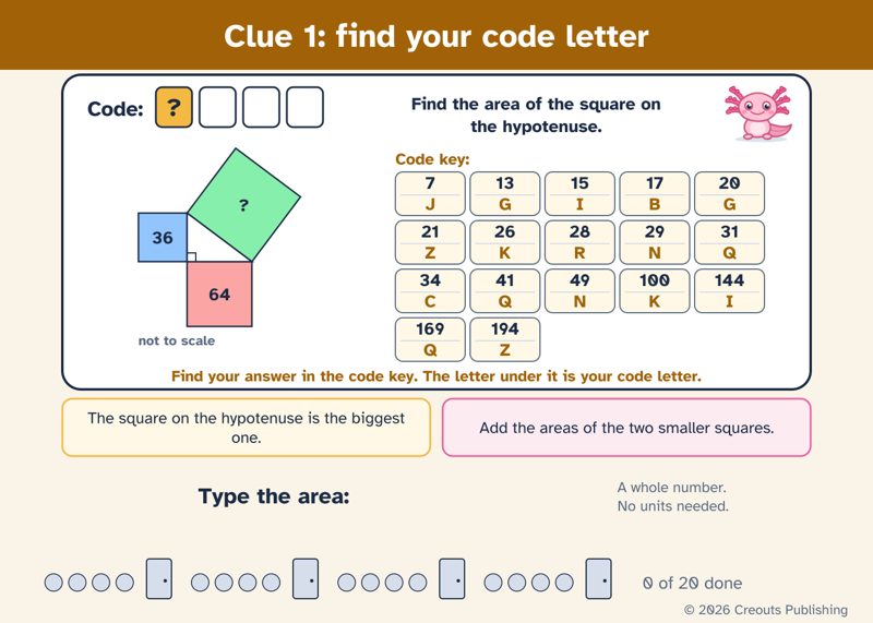 A Boom Cards clue card from the Pythagorean theorem deck: a right triangle with squares of area 36 and 64 on the two short sides, a question mark on the biggest square, a code key of numbers and letters, two hint boxes and a row of progress doors.
