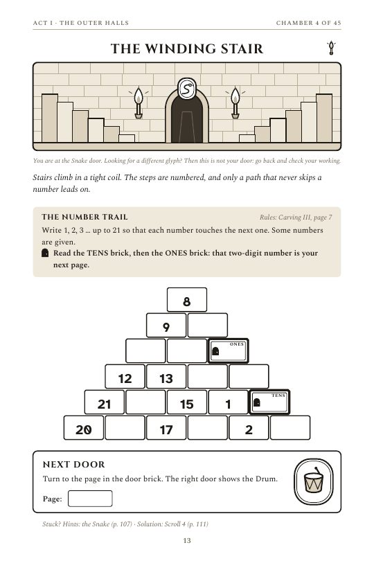 A page from Escape the Pyramid Level 1 with a number trail puzzle in a stone stairway.
