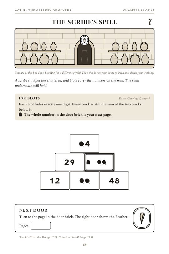 A page from Escape the Pyramid Level 1 with an ink blot puzzle, where ink hides a digit in the pyramid.