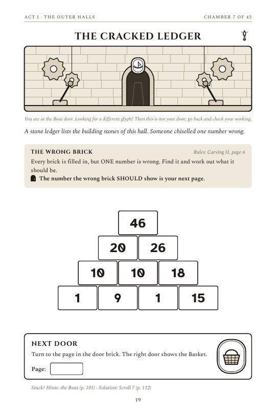 A page from Escape the Pyramid Level 1 with a wrong brick puzzle on a cracked ledger.