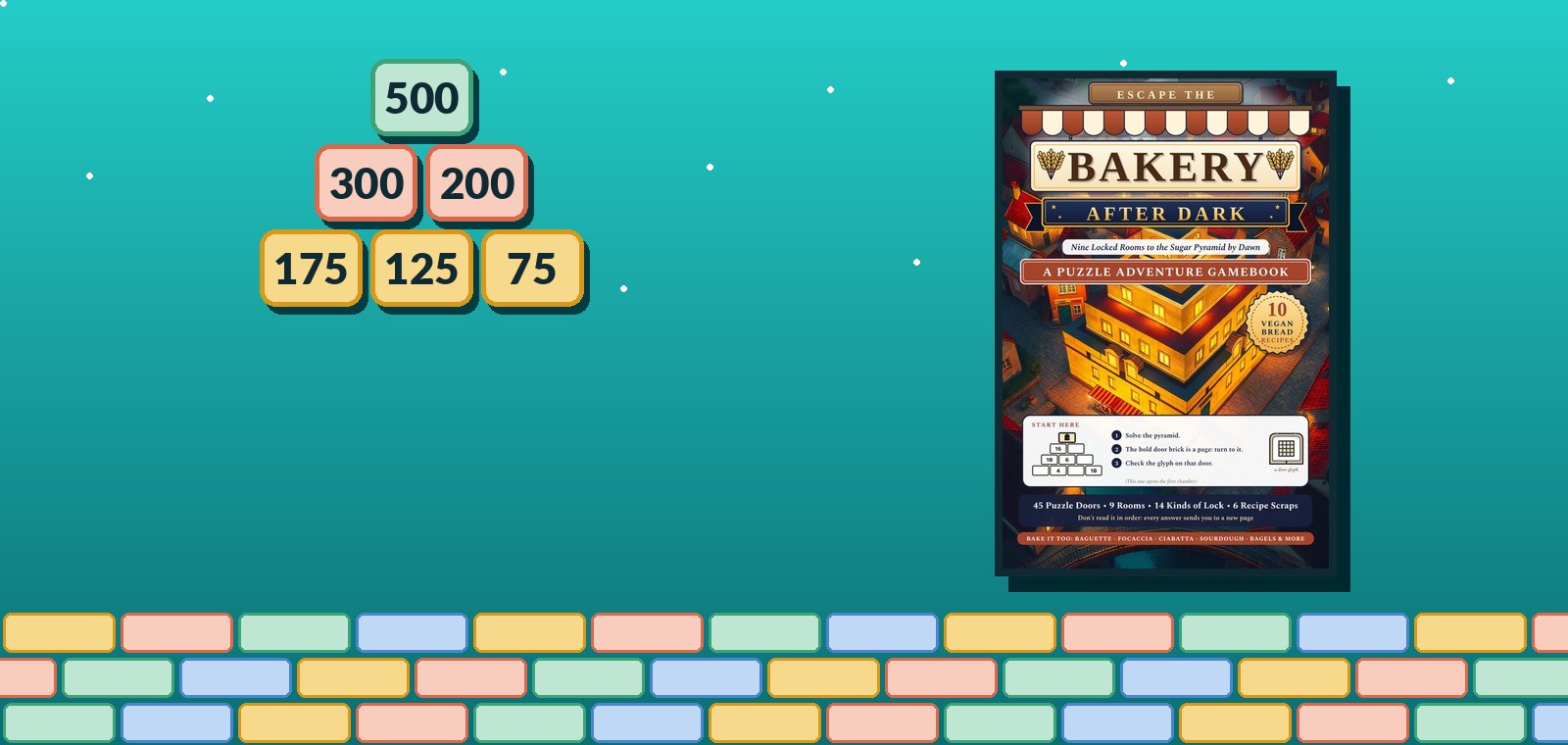 A number pyramid with 500 on top, 300 and 200 below, and 175, 125 and 75 along the bottom, beside the cover of Escape the Bakery After Dark.