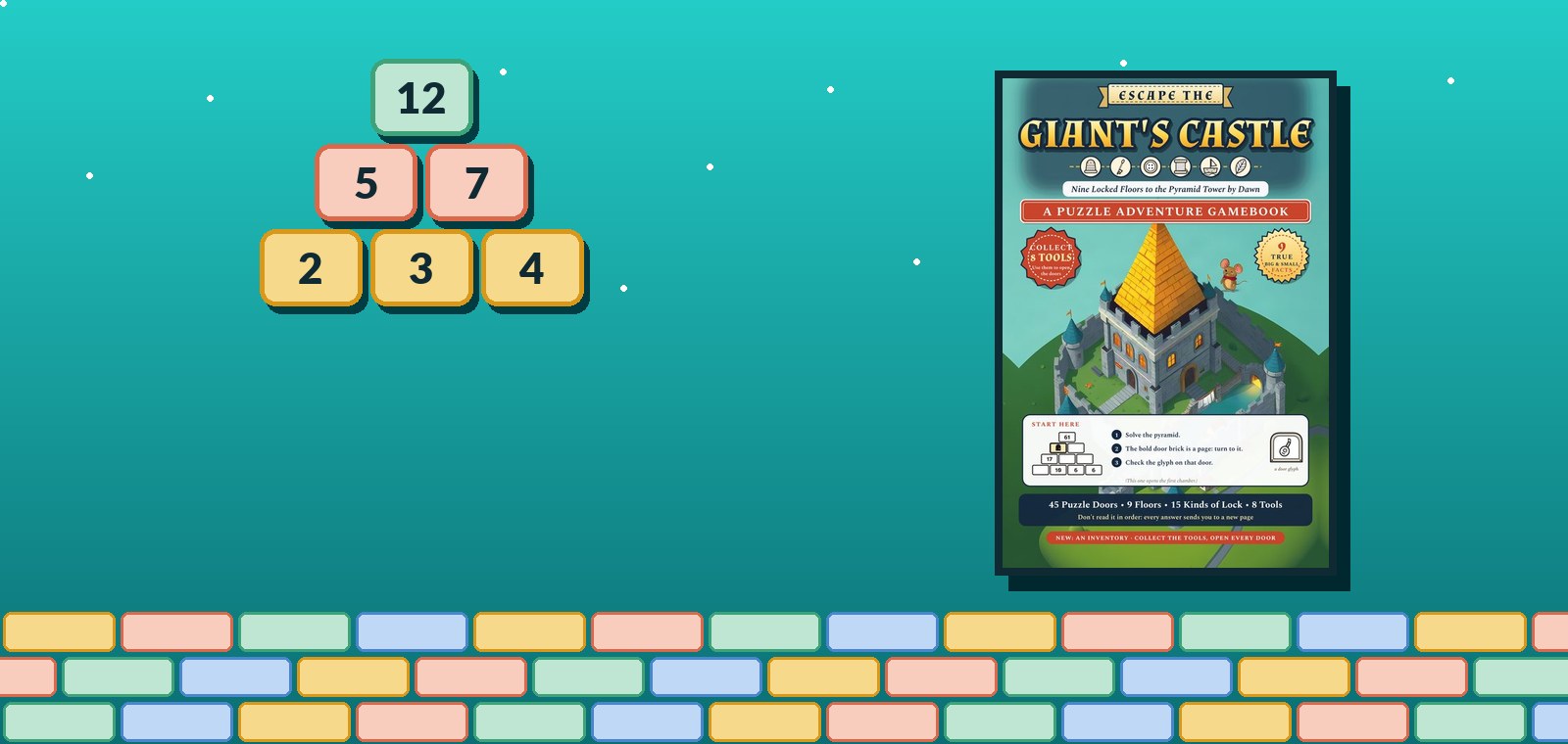 A three-row number pyramid with 12 on top, 5 and 7 below, and 2, 3 and 4 along the bottom, beside the cover of Escape the Giant's Castle.