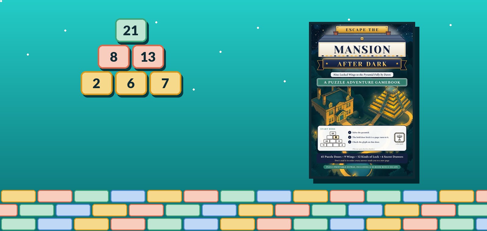 A three-row number pyramid with 21 on top, 8 and 13 below, and 2, 6 and 7 along the bottom, beside the cover of Escape the Mansion After Dark.