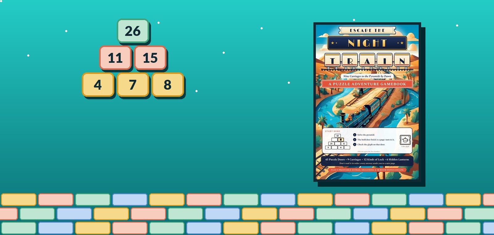 A three-row number pyramid with 26 on top, 11 and 15 below, and 4, 7 and 8 along the bottom, beside the cover of Escape the Night Train.