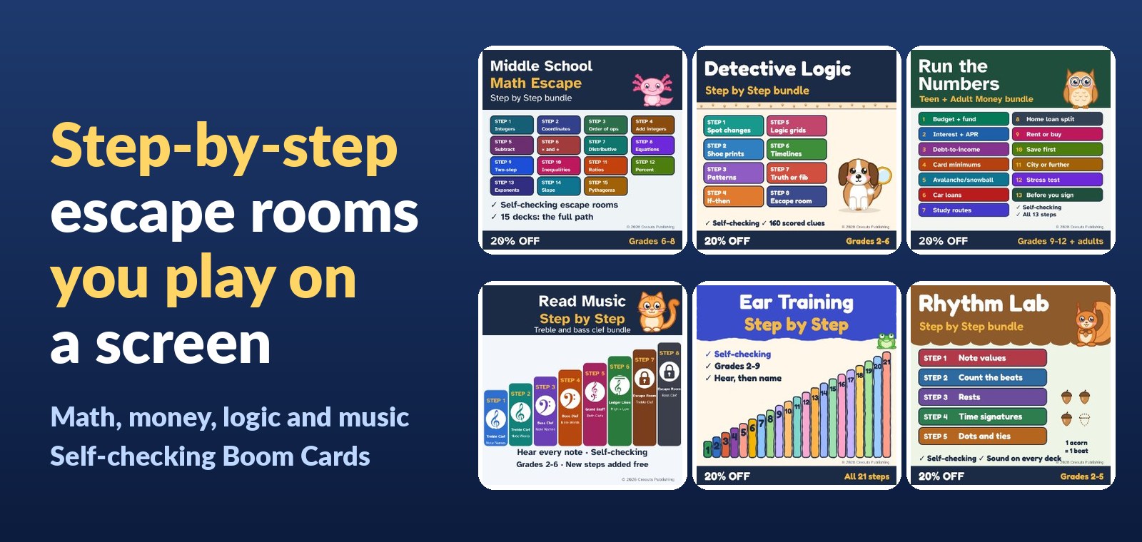 Six Boom Learning bundle covers in a grid beside the words Step-by-step escape rooms you play on a screen: Middle School Math Escape, Detective Logic, Run the Numbers, Read Music, Ear Training and Rhythm Lab.