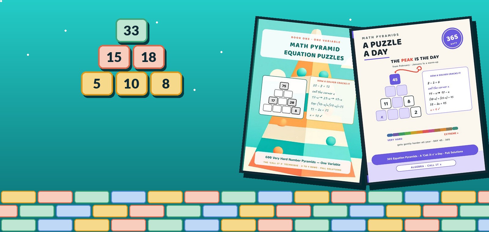 A three-row number pyramid with 33 on top, 15 and 18 below, and 5, 10 and 8 on the bottom, beside the covers of Math Pyramid Equation Puzzles One Variable and A Puzzle a Day.