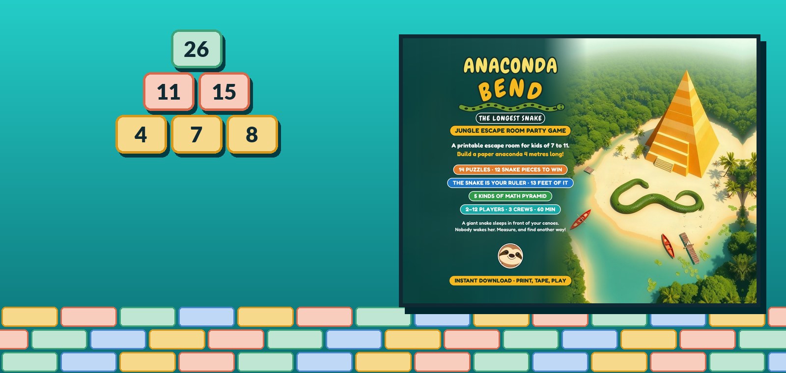 A three-row number pyramid with 26 on top, beside the Anaconda Bend listing picture of a paper anaconda marked with a centimetre ruler and numbered sun spots.