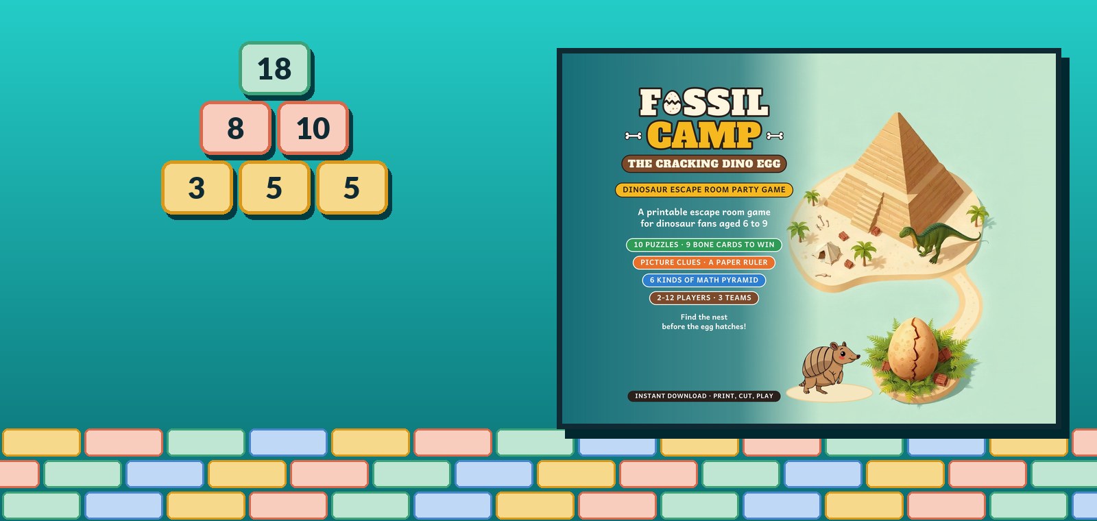 A three-row number pyramid with 18 on top, beside the cover of the Fossil Camp listing, showing a pyramid rock, an armadillo and a speckled egg.