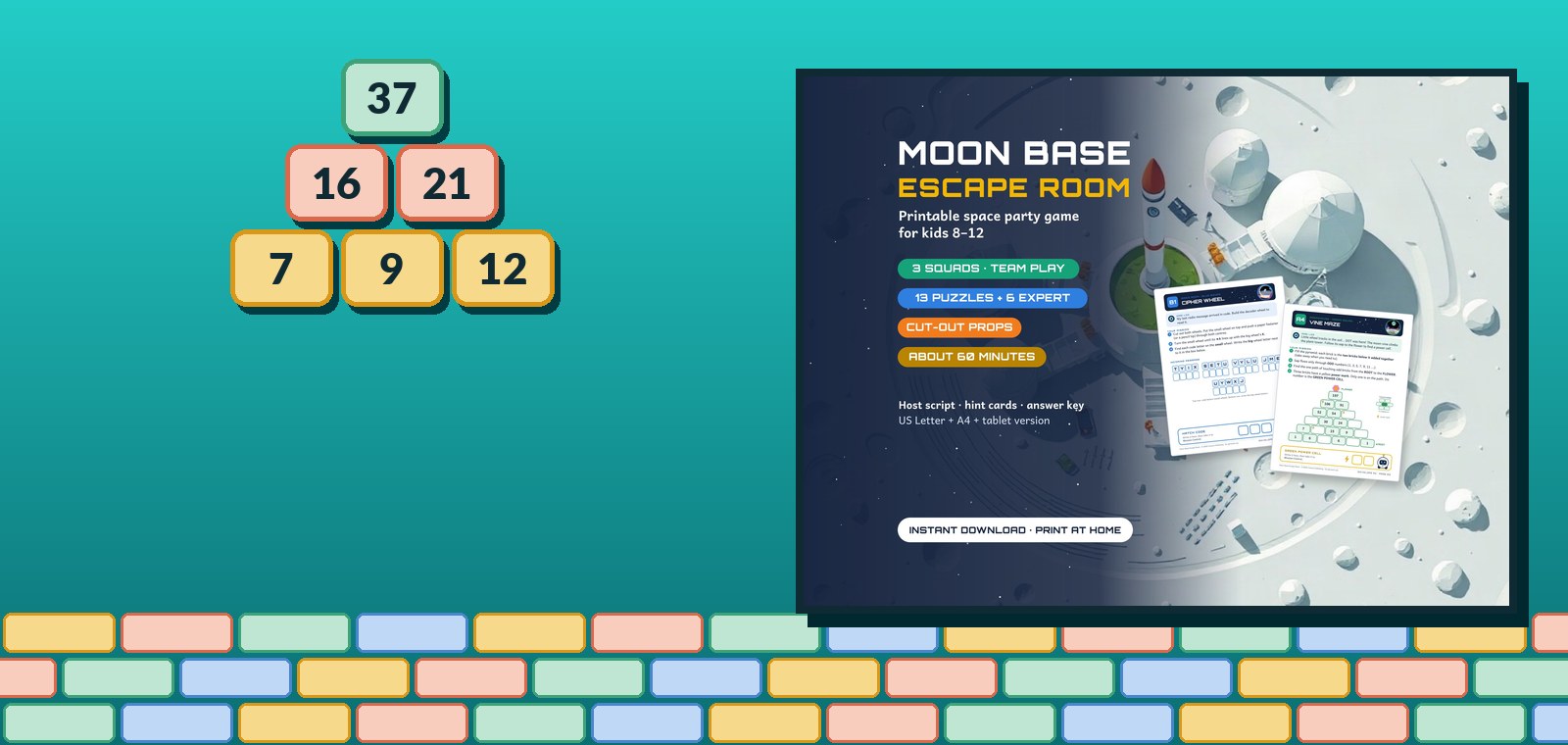 A three-row number pyramid with 37 on top, beside the cover of the Moon Base Escape Room listing, showing a moon base on the lunar surface.