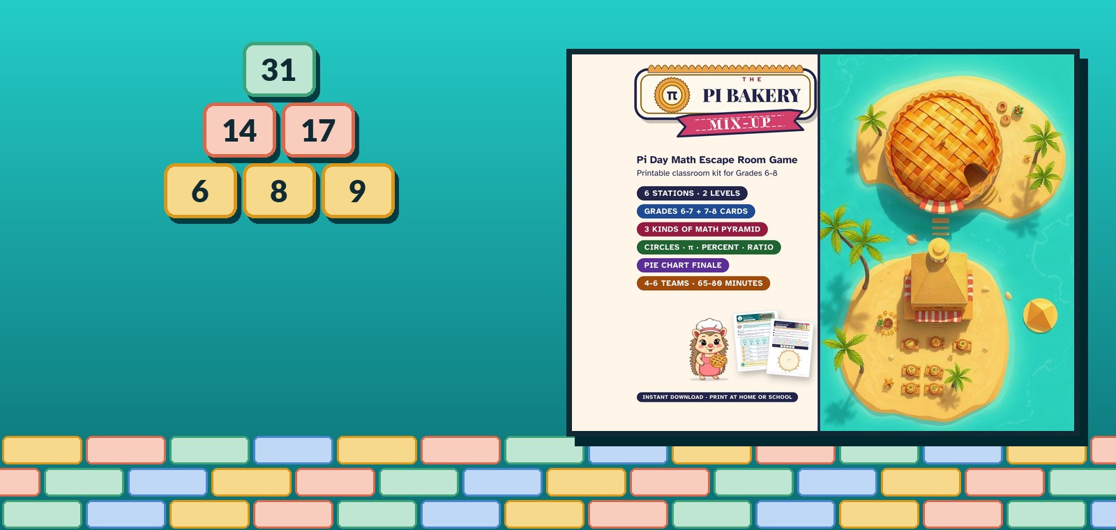 A three-row number pyramid with 31 on top, beside The Pi Bakery Mix-Up listing picture of a round lattice-pie bakery.