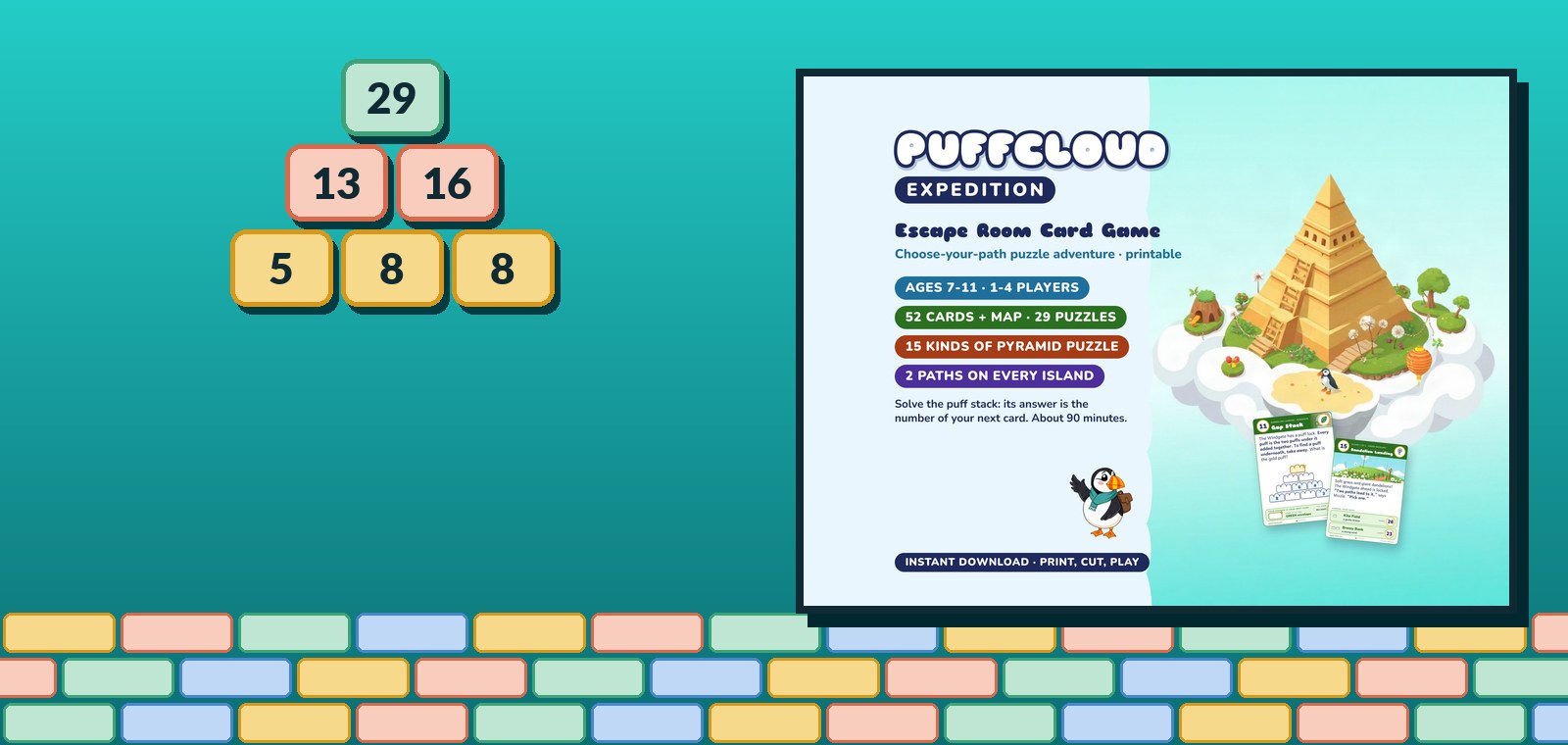 A three-row number pyramid with 29 on top, beside the cover of the Puffcloud Expedition listing, showing floating islands in the sky.