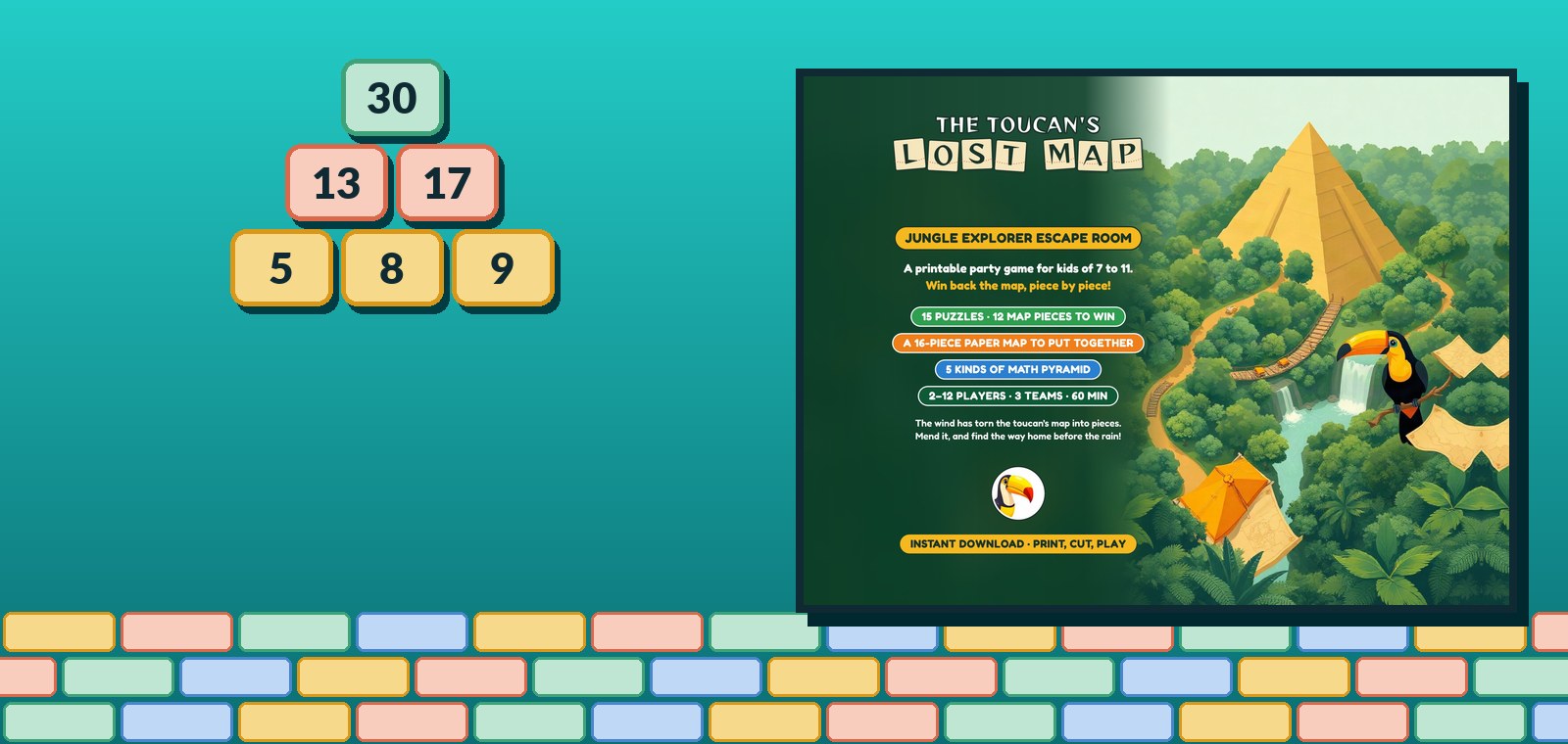 A three-row number pyramid with 30 on top, beside The Toucan's Lost Map listing picture of a golden pyramid above the rainforest and a toucan with torn map pieces.