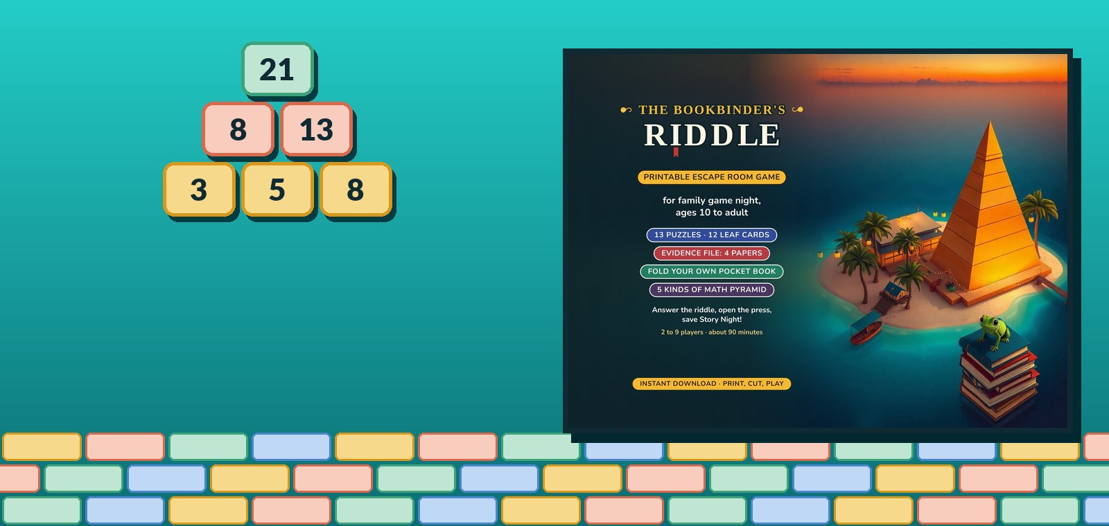 A number pyramid beside the first picture of the Etsy listing for The Bookbinder's Riddle.