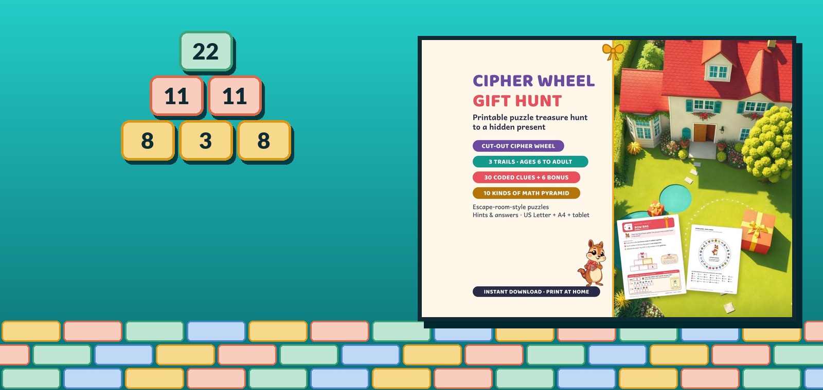 A number pyramid beside the first picture of the Etsy listing for Cipher Wheel Gift Hunt.