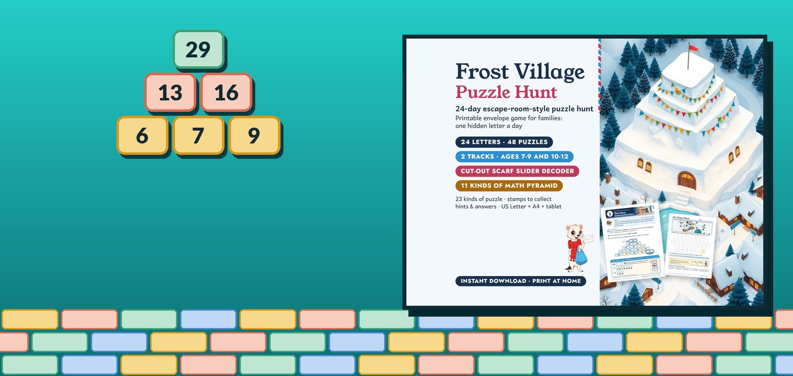 A number pyramid beside the first picture of the Etsy listing for Frost Village Puzzle Hunt.