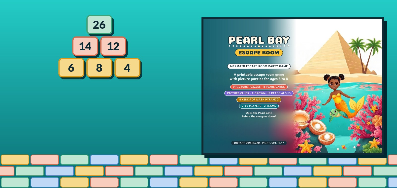 A number pyramid beside the first picture of the Etsy listing for Pearl Bay Escape Room.