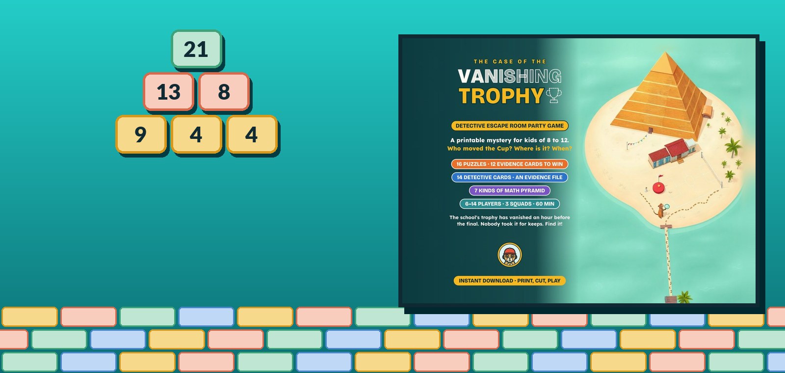 A number pyramid beside the first picture of the Etsy listing for The Case of the Vanishing Trophy.