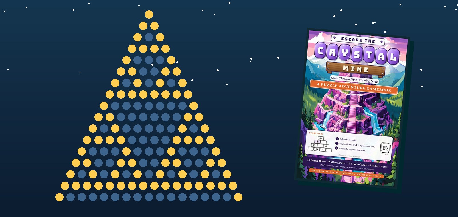 A large triangle of dots on a night sky, odd numbers in gold and even in blue so that triangles appear inside it, beside the cover of Escape the Crystal Mine.