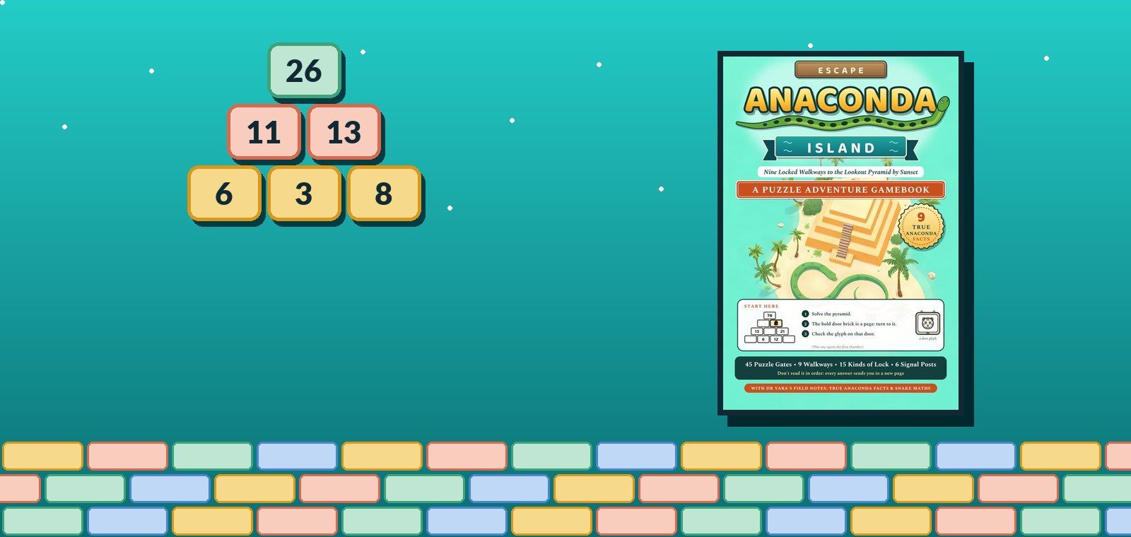 A three-row number pyramid with 26 on top, 11 and 13 below, and 6, 3 and 8 along the bottom, beside the cover of Escape Anaconda Island.