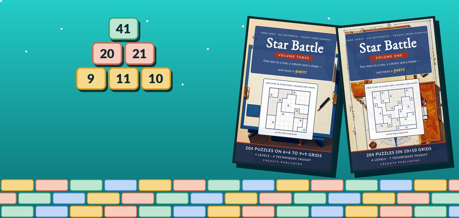 A three-row number pyramid with 41 on top, 20 and 21 below, and 9, 11 and 10 along the bottom, beside the covers of Star Battle Volume Three and Star Battle Volume One.