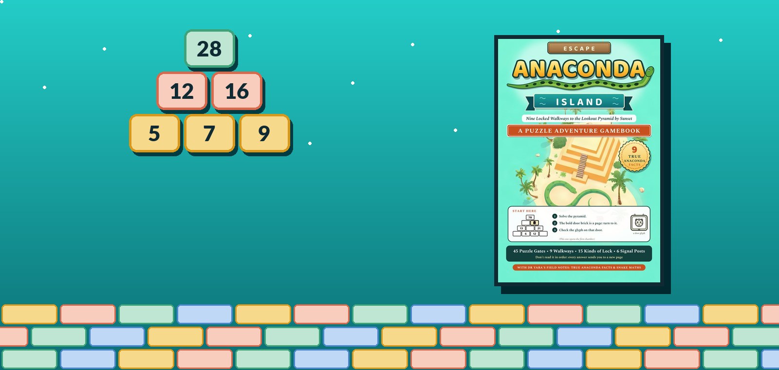A number pyramid beside the cover of Escape Anaconda Island, a puzzle adventure gamebook.