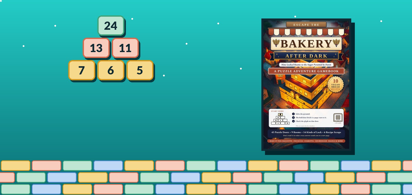 A number pyramid beside the cover of Escape the Bakery After Dark, a puzzle adventure gamebook.