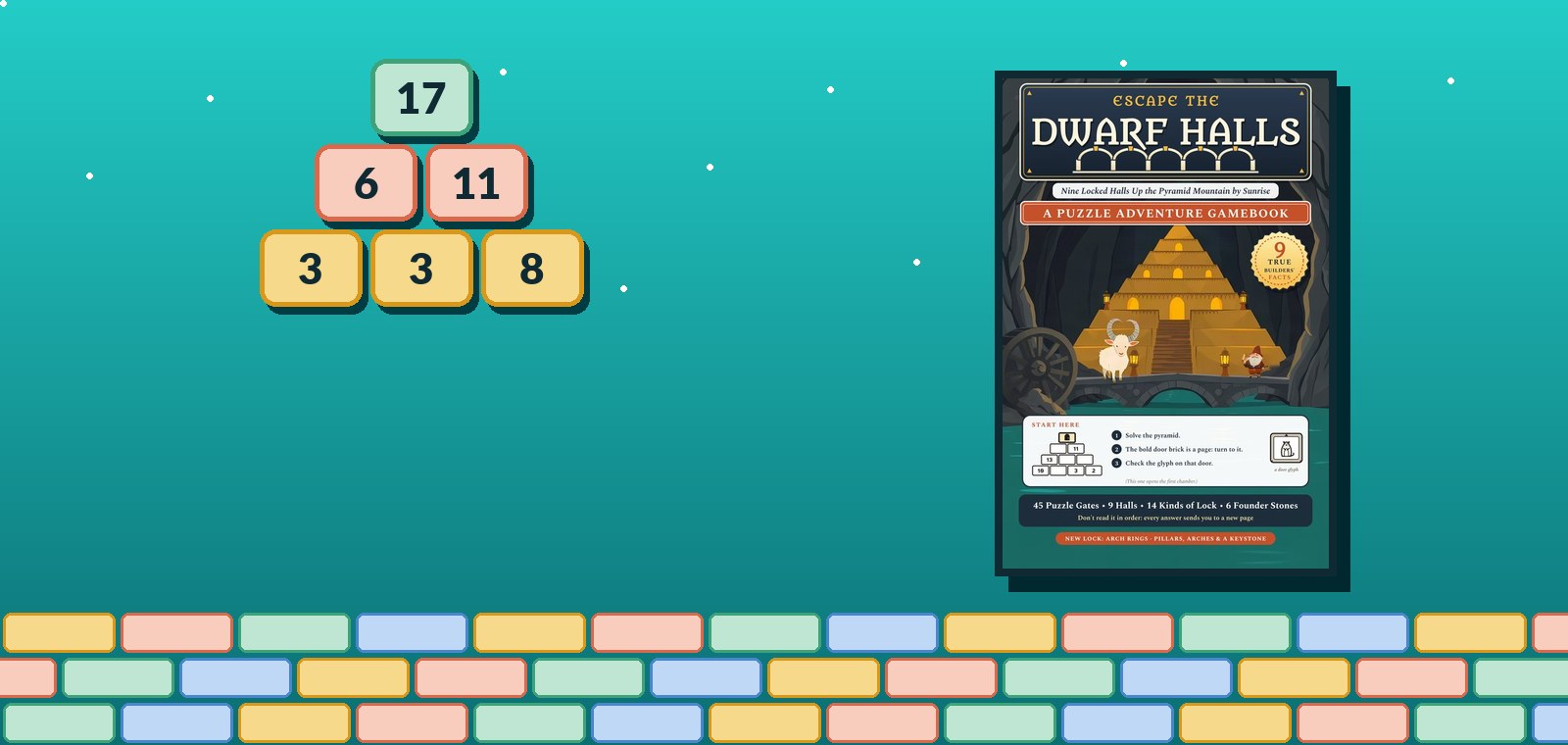 A number pyramid beside the cover of Escape the Dwarf Halls, a puzzle adventure gamebook.