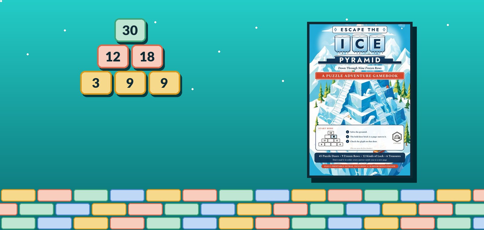 A number pyramid beside the cover of Escape the Ice Pyramid, a puzzle adventure gamebook.