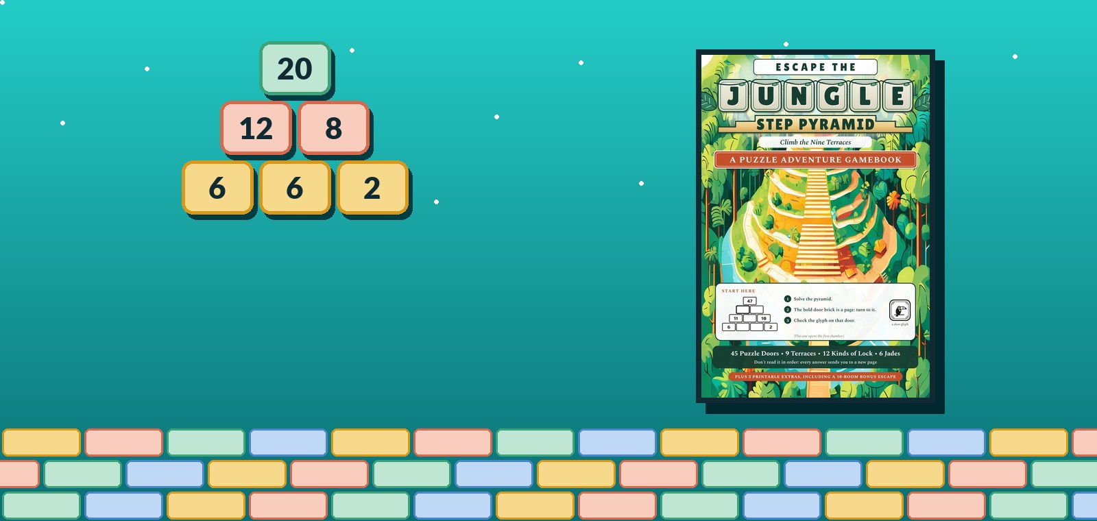 A number pyramid beside the cover of Escape the Jungle Step Pyramid, a puzzle adventure gamebook.