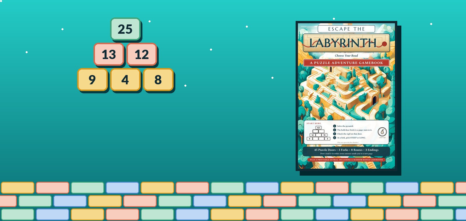 A number pyramid beside the cover of Escape the Labyrinth, a puzzle adventure gamebook.