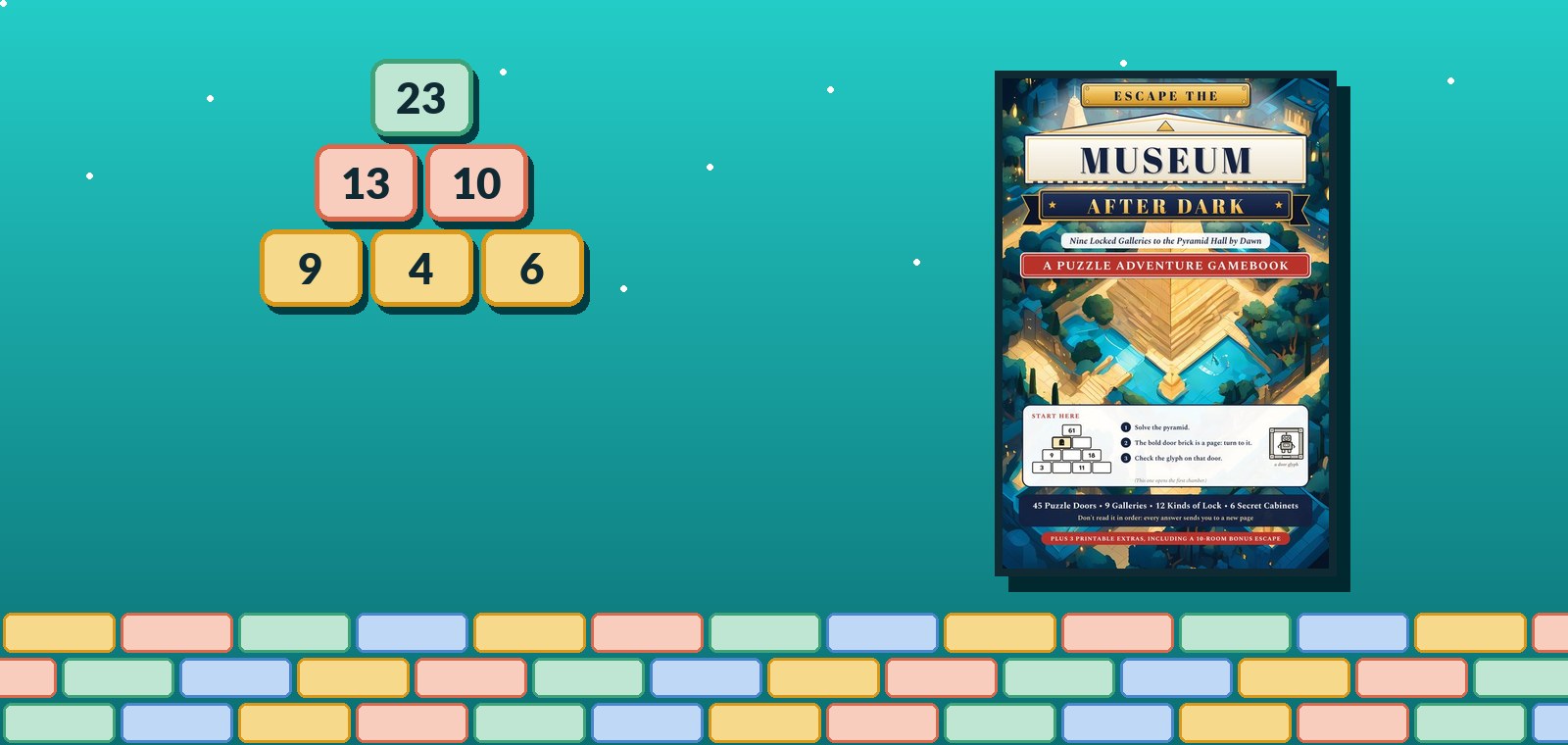 A number pyramid beside the cover of Escape the Museum After Dark, a puzzle adventure gamebook.