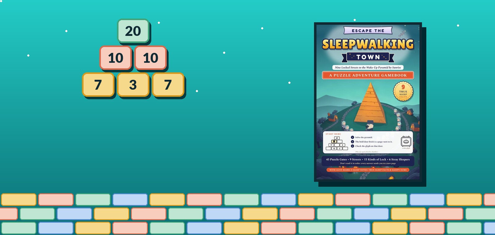 A number pyramid beside the cover of Escape the Sleepwalking Town, a puzzle adventure gamebook.