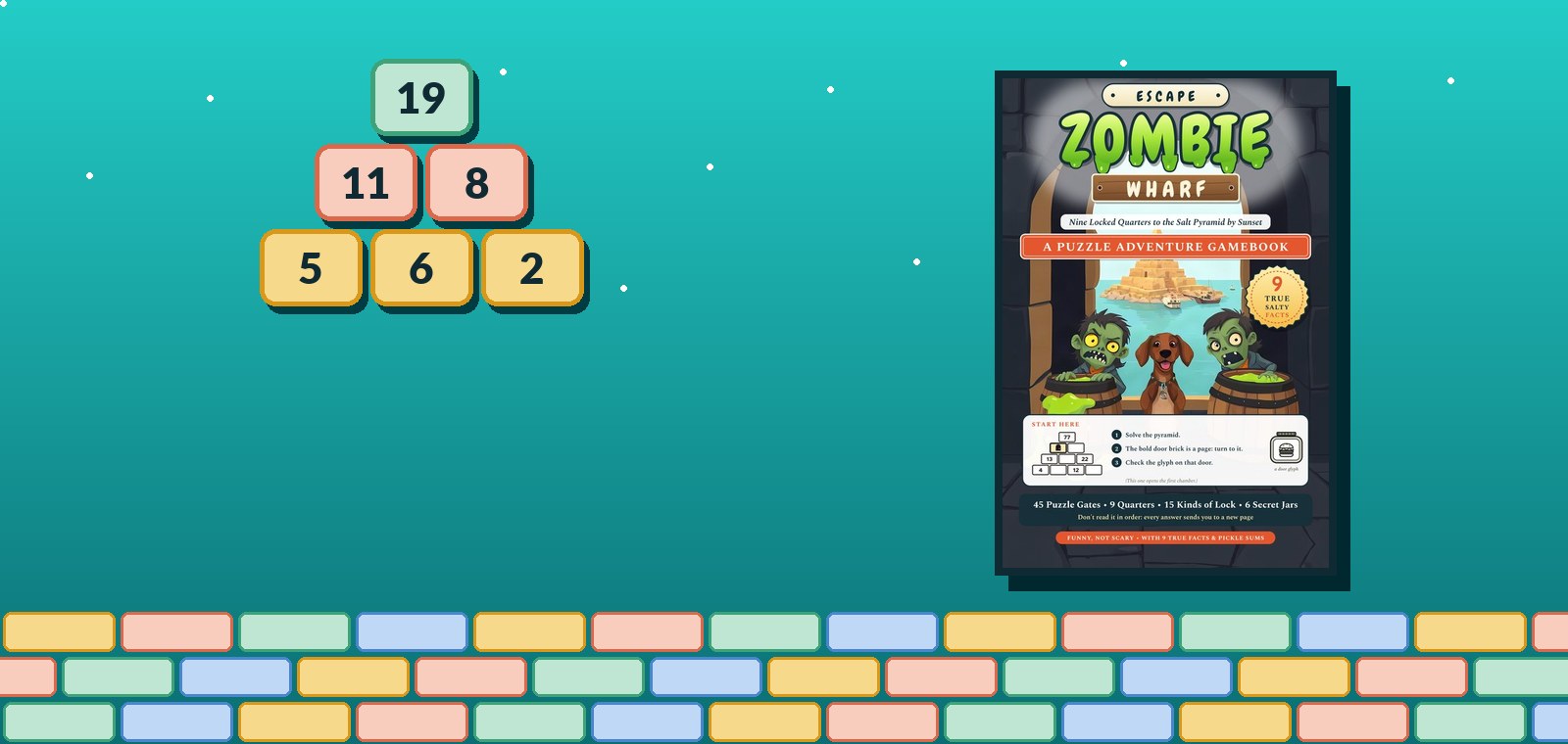 A number pyramid beside the cover of Escape Zombie Wharf, a puzzle adventure gamebook.