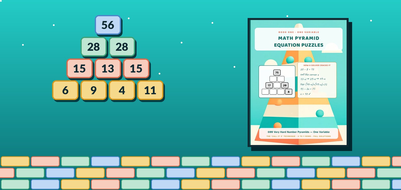 A 4-row number pyramid beside the cover of Math Pyramid Equation Puzzles: One Variable.