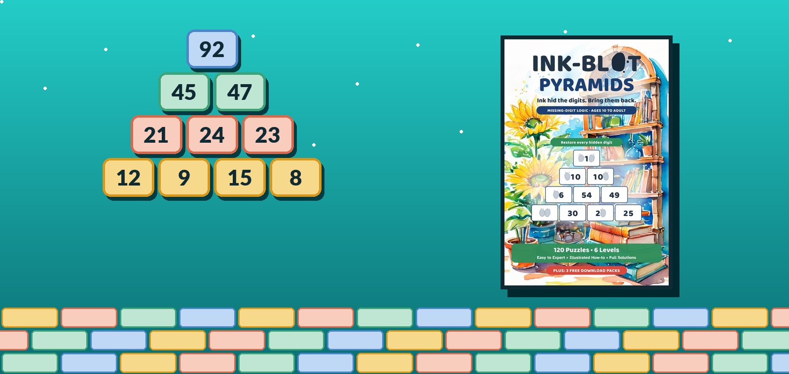 A 4-row number pyramid beside the cover of Ink-Blot Pyramids.