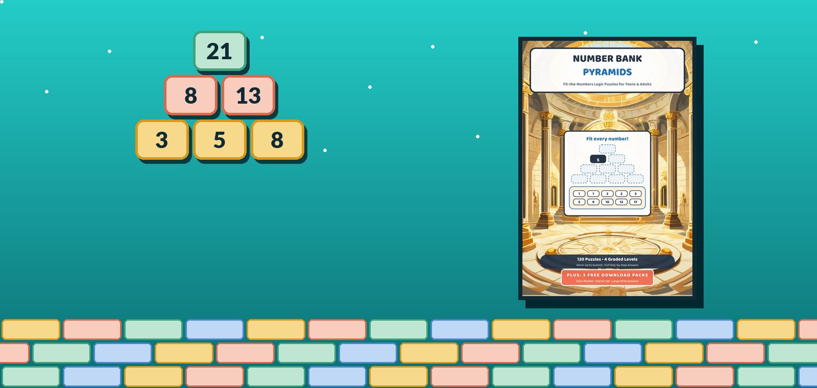 A 3-row number pyramid beside the cover of Number Bank Pyramids.