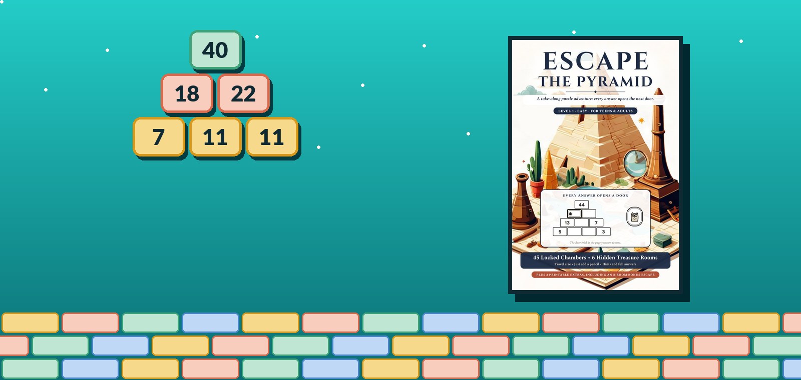 A colourful number pyramid beside the cover of Escape the Pyramid Level 1 on a lagoon-blue background.