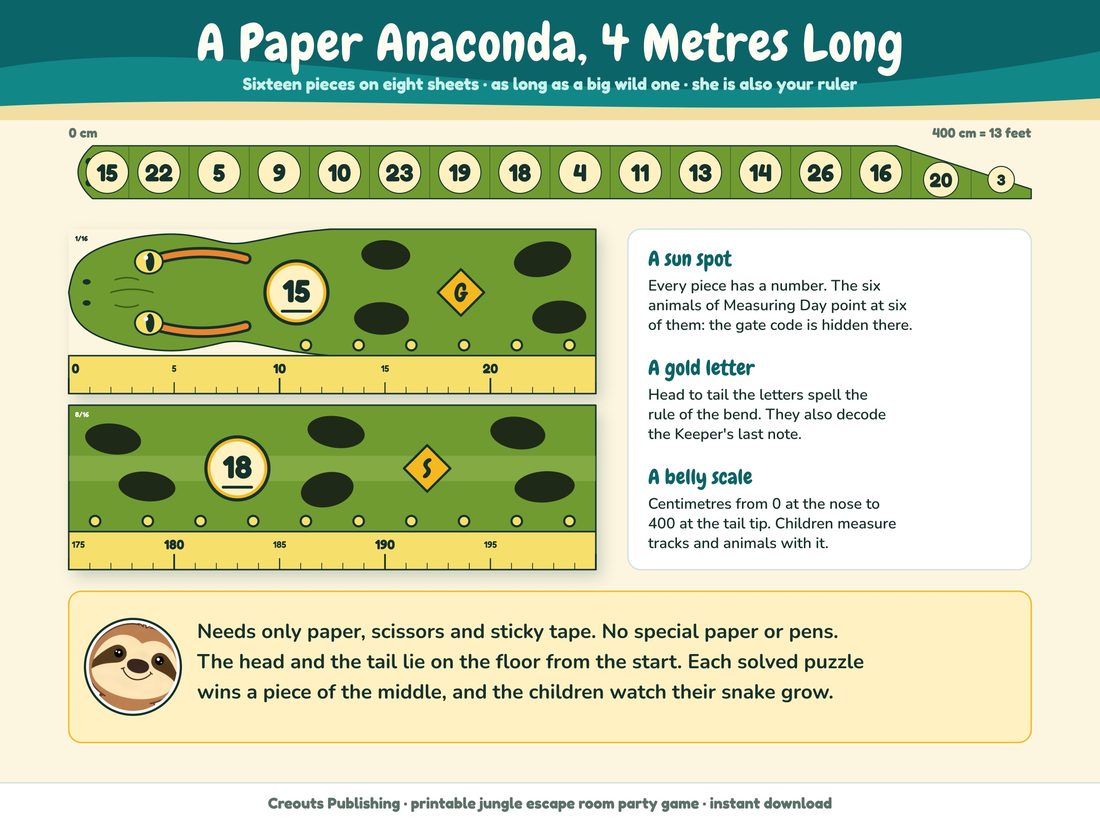 The 'A paper anaconda, 4 metres long' picture from the listing, showing numbered sun spots, gold letters and a belly scale in centimetres.