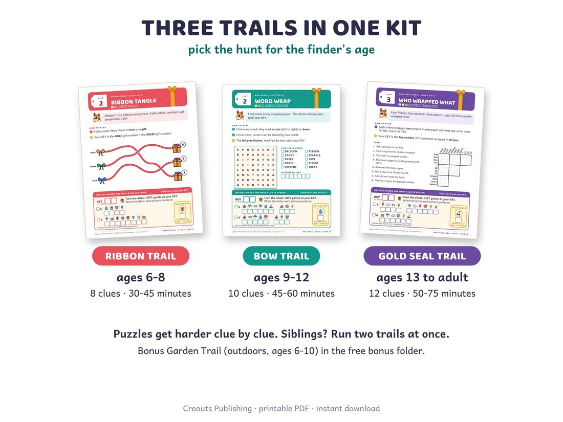 The 'Three trails in one kit' picture from the listing: the Ribbon Trail for ages 6 to 8, the Bow Trail for ages 9 to 12 and the Gold Seal Trail for ages 13 to adult.