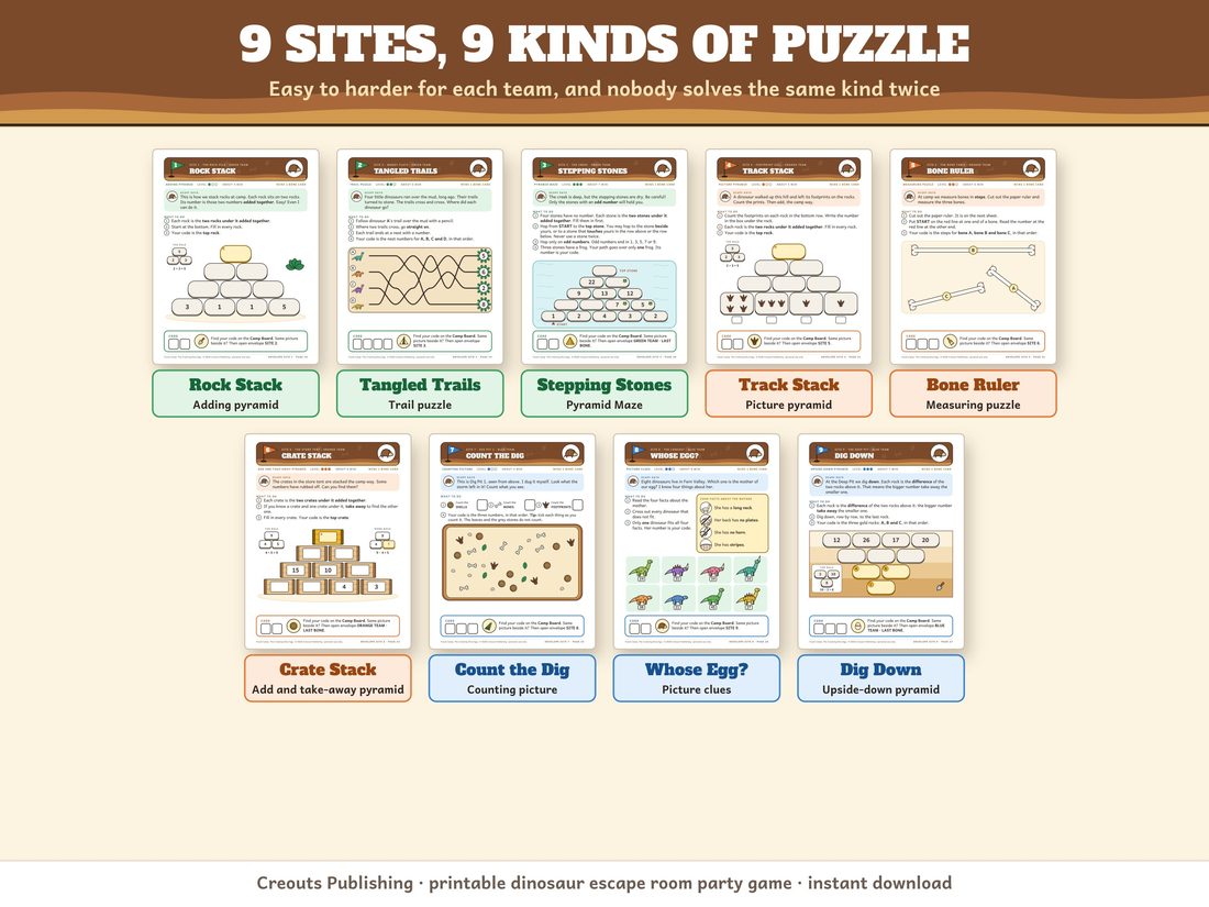 The 'Nine sites, nine kinds of puzzle' picture from the listing, showing sample pages for each site.