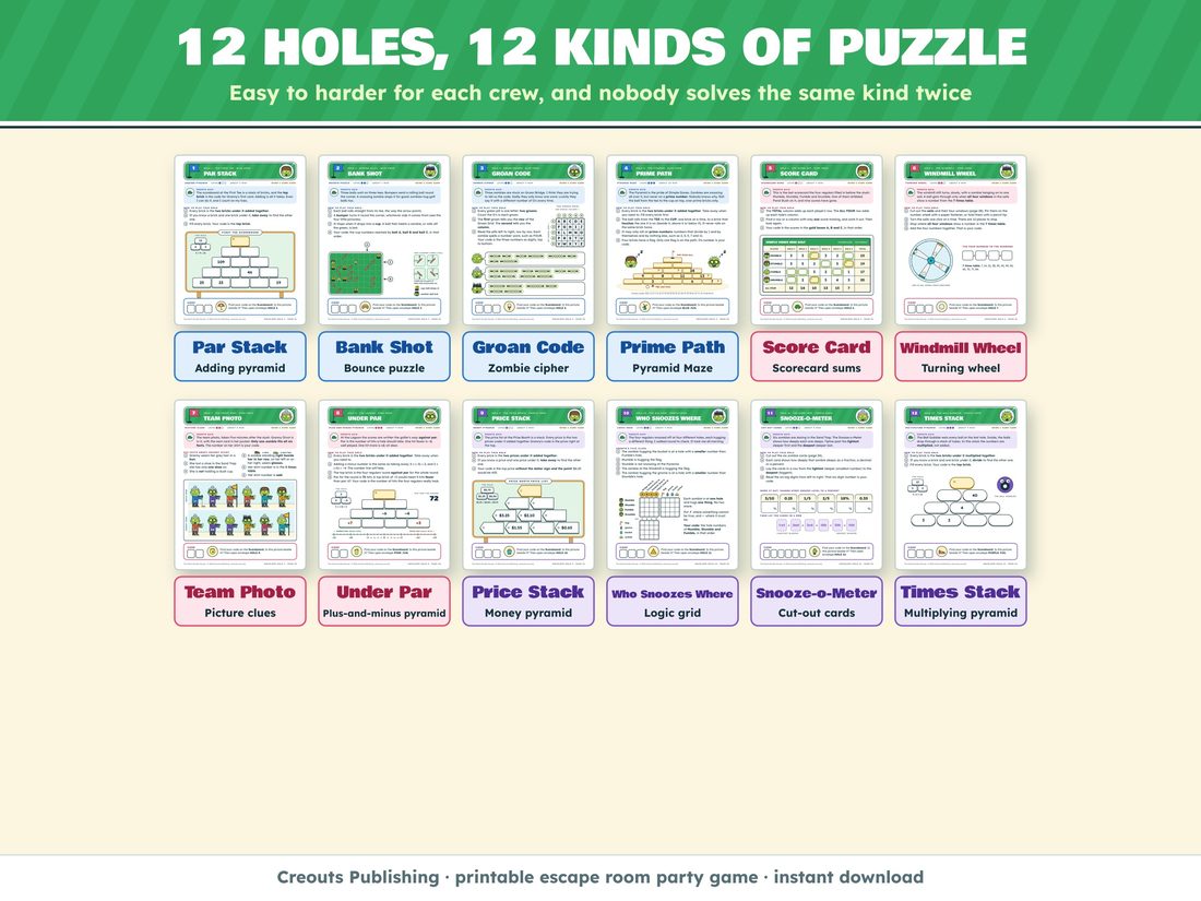 The 'Twelve holes' picture from the listing, showing the twelve kinds of puzzle on the mini golf course.