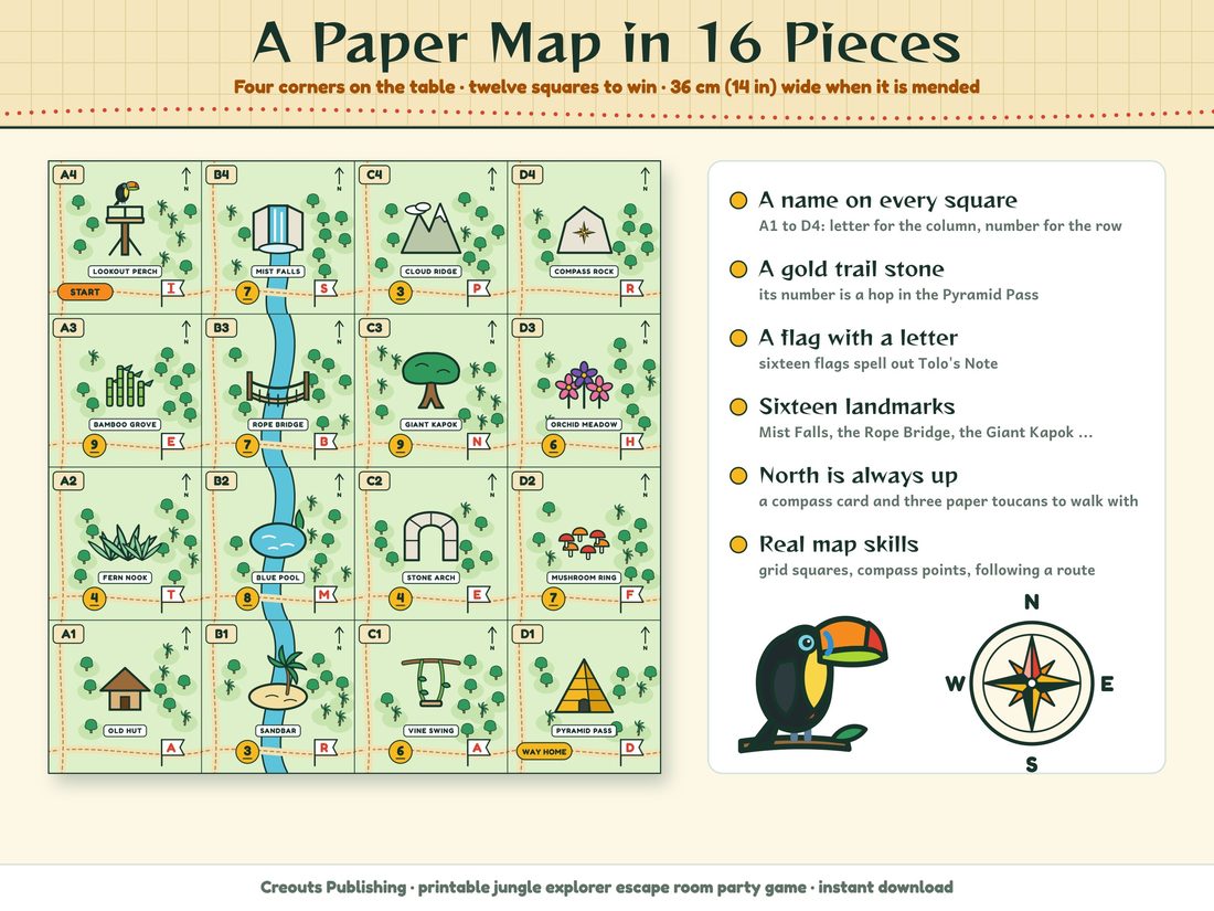 The 'A paper map in 16 pieces' picture from the listing, showing the mended map with its landmarks, gold trail stones and letter flags.