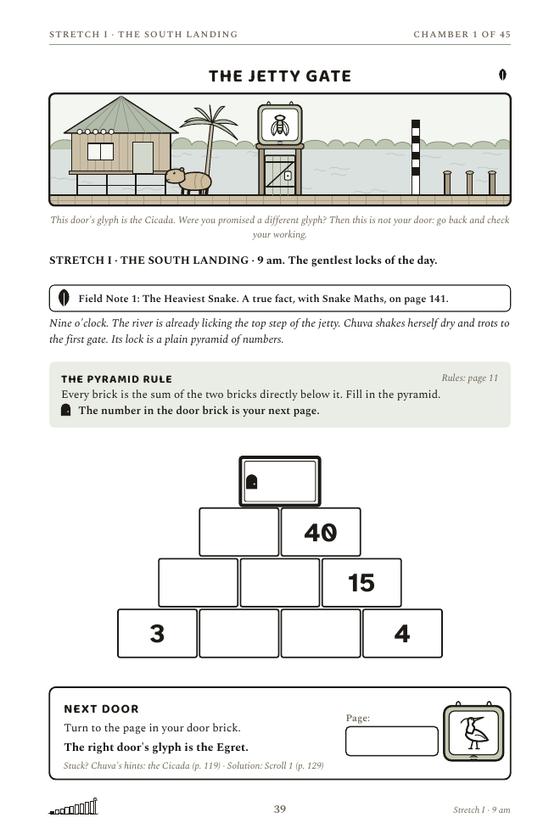 The first chamber page of Escape Anaconda Island: story text, an empty number pyramid and a Next Door box.