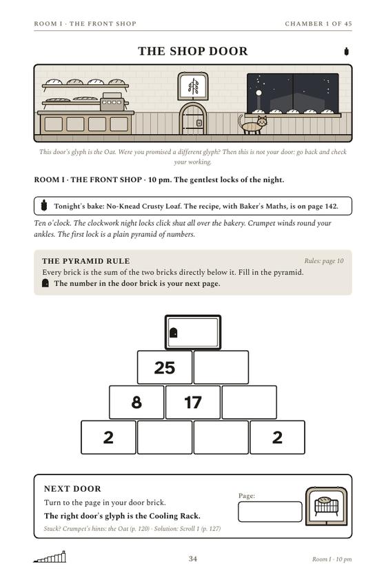 The first chamber page of Escape the Bakery After Dark: story text, an empty number pyramid and a Next Door box.