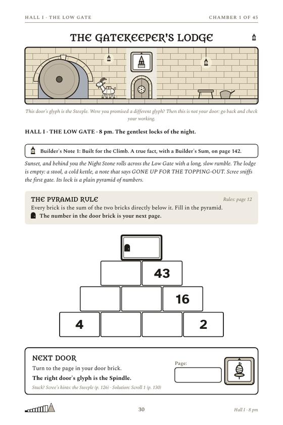 The first chamber page of Escape the Dwarf Halls: story text, an empty number pyramid and a Next Door box.