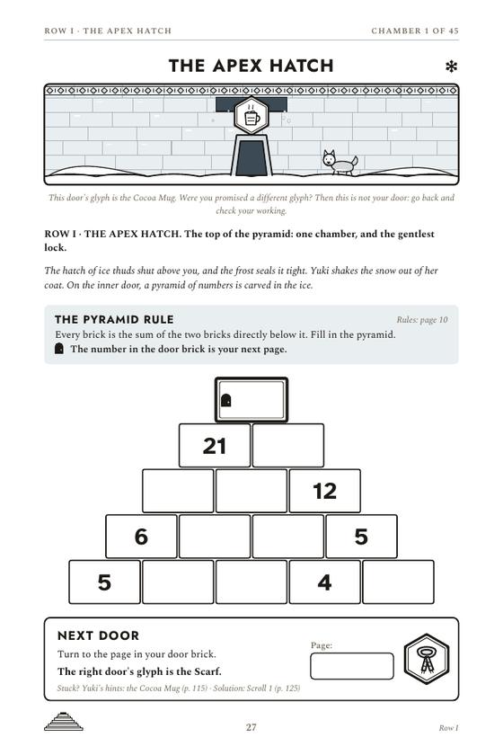 The first chamber page of Escape the Ice Pyramid: story text, an empty number pyramid and a Next Door box.
