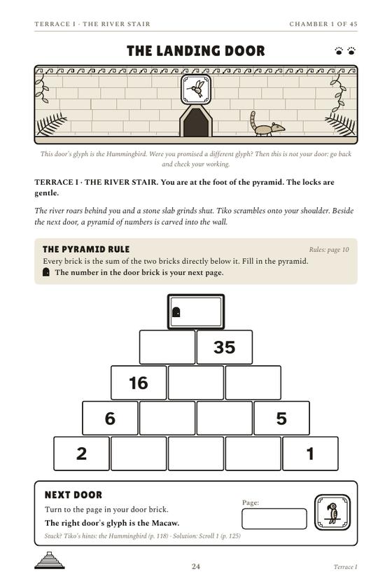 The first chamber page of Escape the Jungle Step Pyramid: story text, an empty number pyramid and a Next Door box.