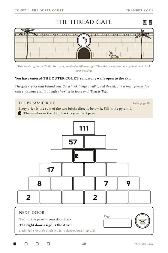 The first chamber page of Escape the Labyrinth: story text, an empty number pyramid and a Next Door box.