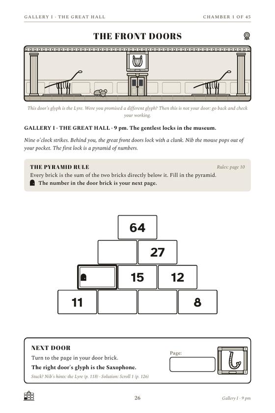 The first chamber page of Escape the Museum After Dark: story text, an empty number pyramid and a Next Door box.
