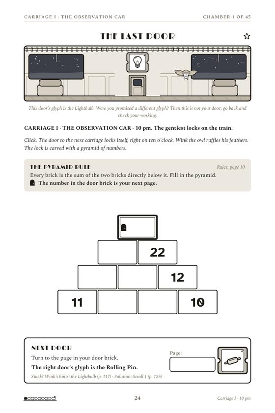 The first chamber page of Escape the Night Train: story text, an empty number pyramid and a Next Door box.